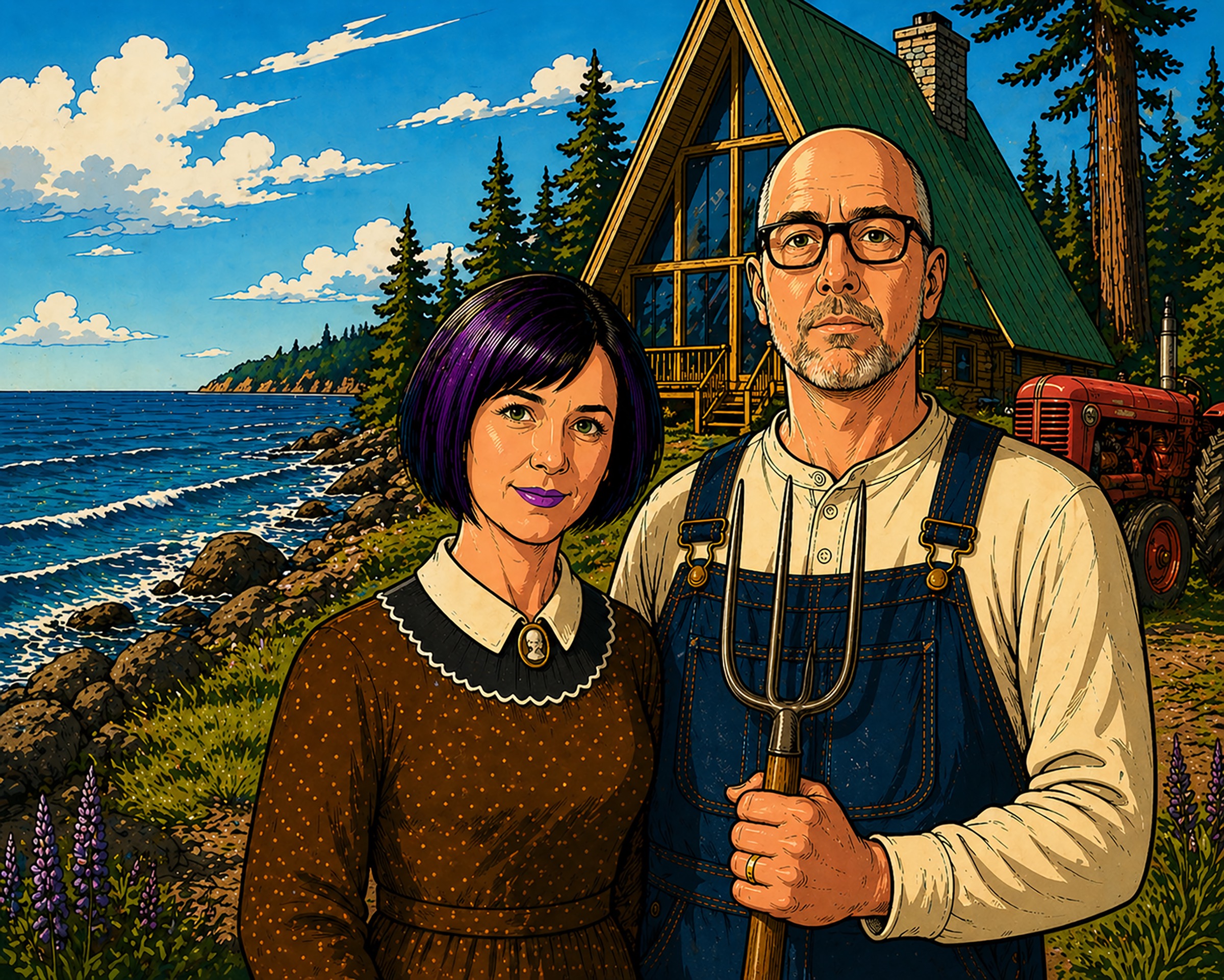 Illustration of Erin and Dale in front of an A-frame cabin near the Lake Superior shoreline, with pine trees and a tractor.
